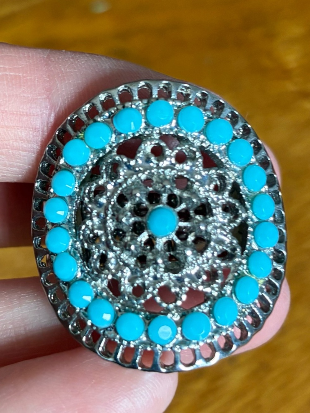 Turquoise and Silver Mandala Statement Ring - Stretchy Band